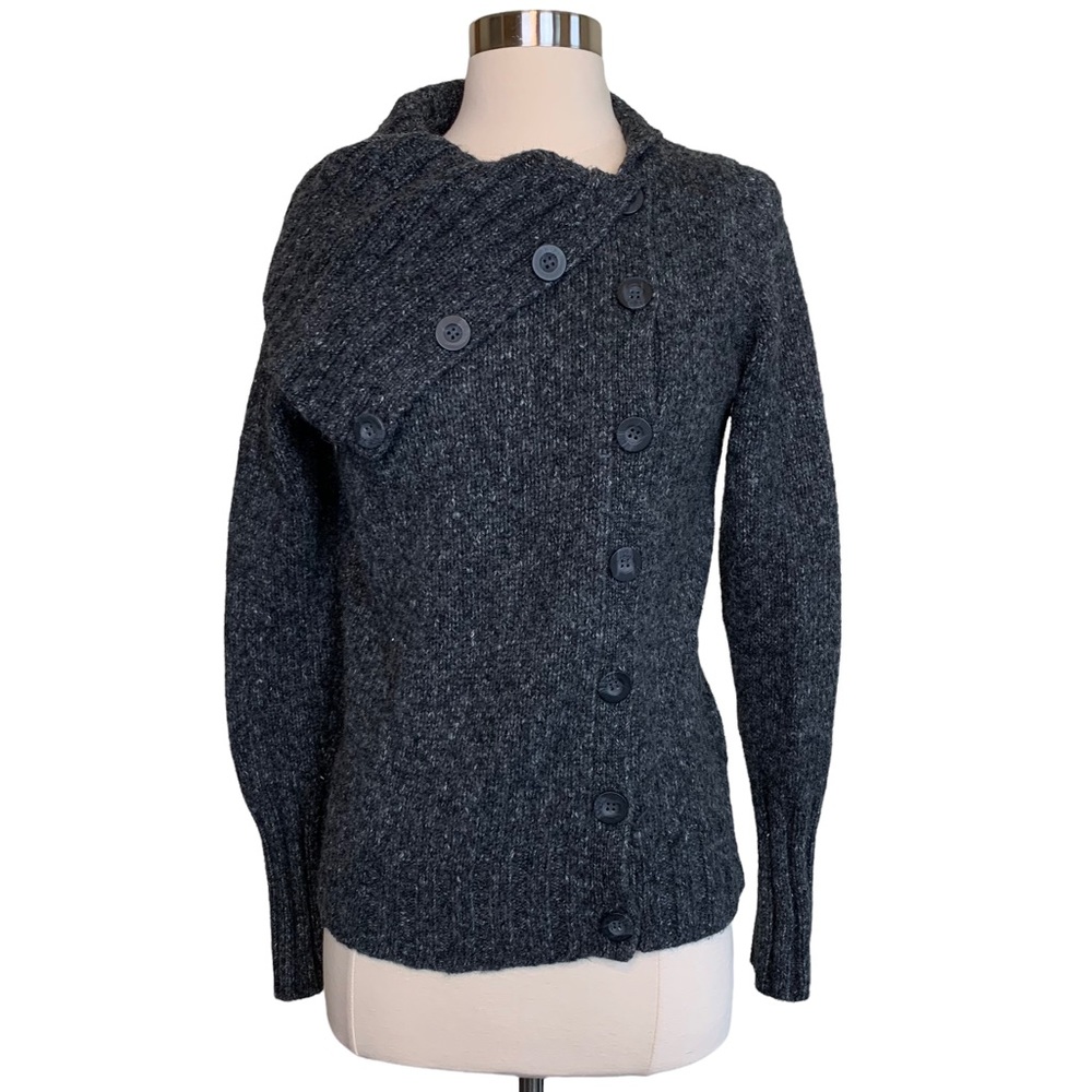 BCBGMaxAzria Gray Wool Blend Knit Asymmetrical Funky Button Cardigan Sweater S